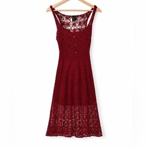 Burgundy Crochet Layered Midi Dress Boho Cottagecore Small
